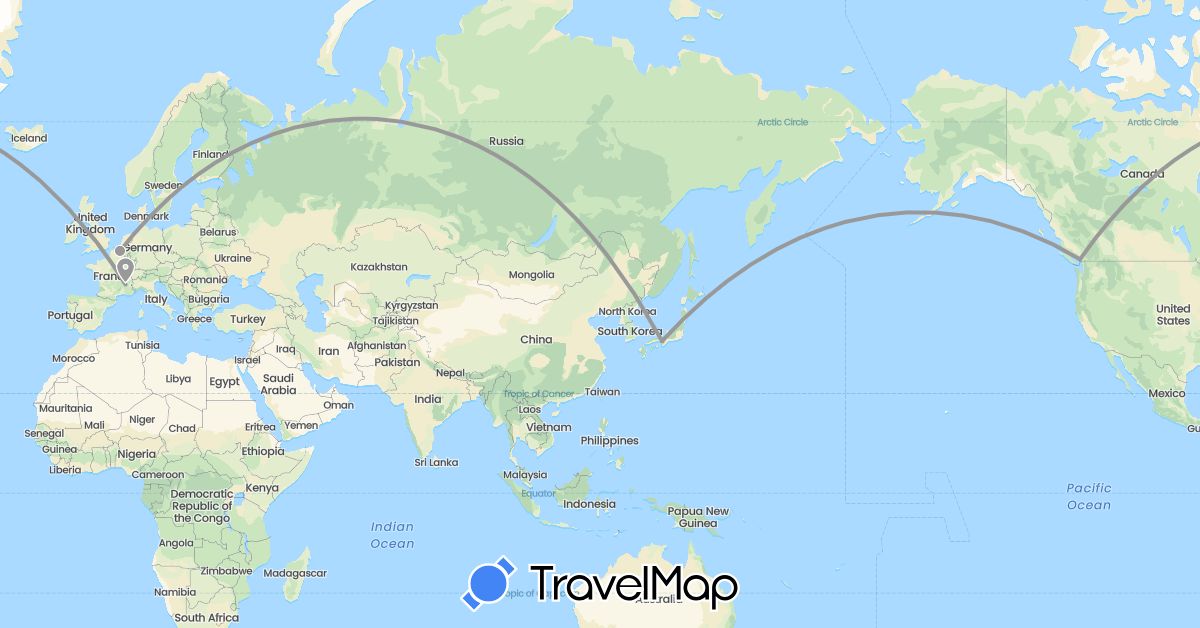 TravelMap itinerary: driving, plane in Belgium, Canada, France, Japan (Asia, Europe, North America)